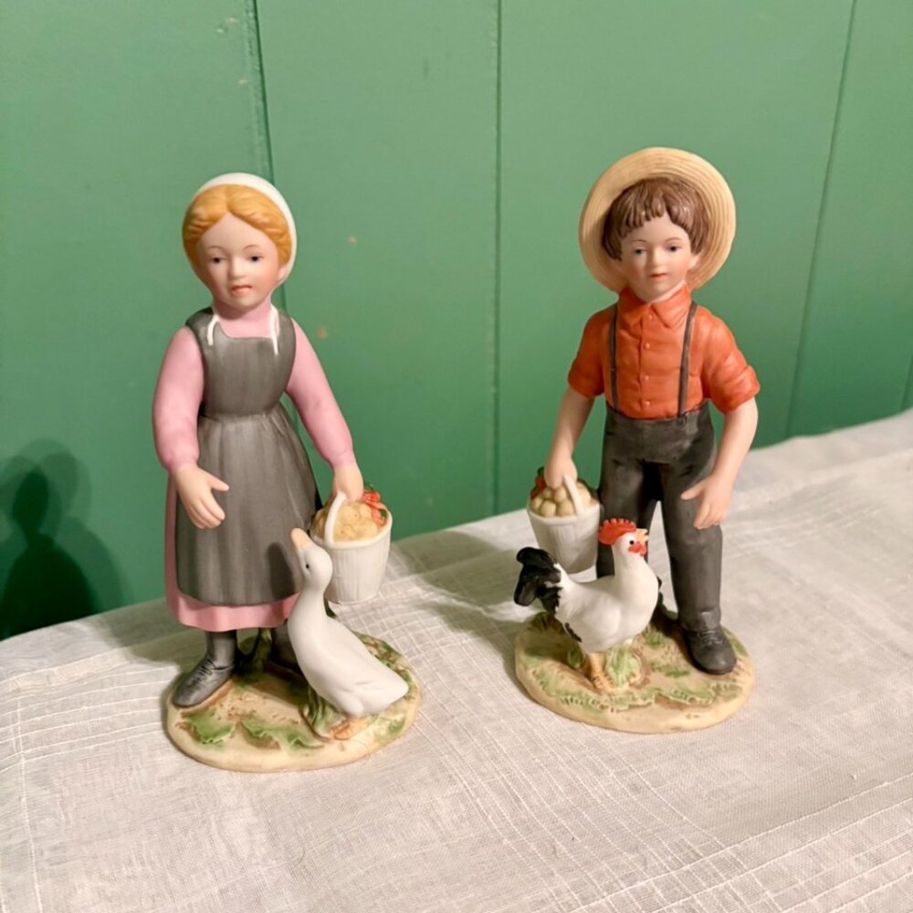 Vintage Homco Amish Farm Boy & Girl with Duck Rooster & Basket Eggs #1415